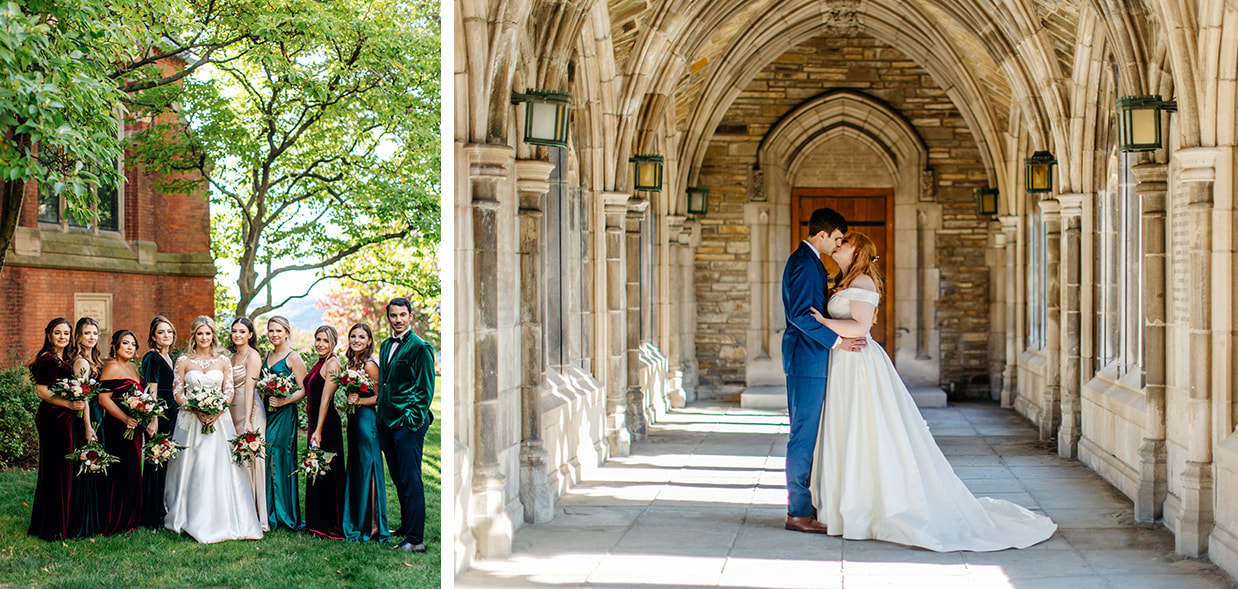 a wedding party poses for photos and a bride and groom kiss at cornell university wedding in the finger lakes