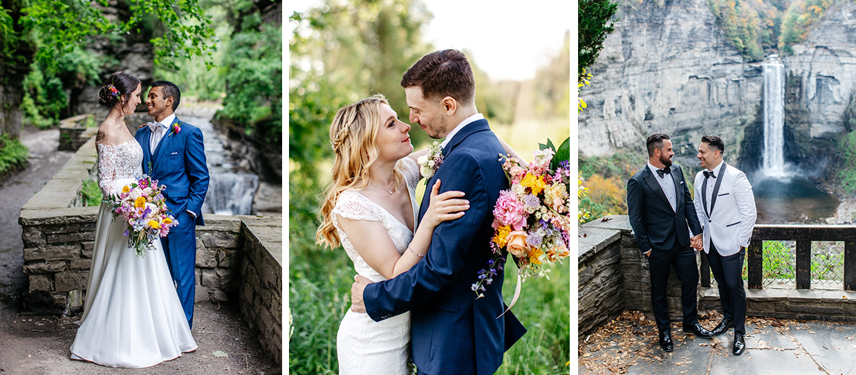 brides and grooms standing in front of waterfalls and in the forest in the finger lakes region of upstate ny
