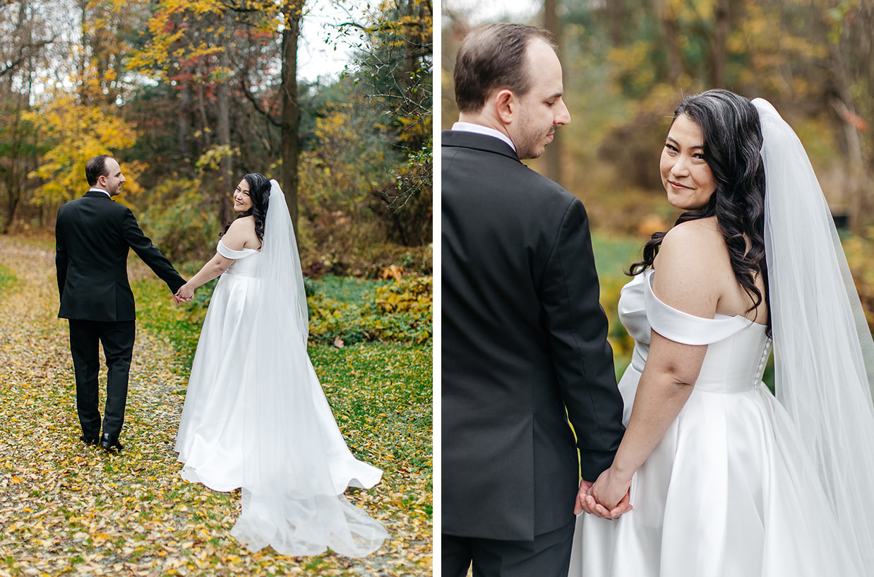 bride and groom hold hands and walk down path at Fontainebleau Inn in Alpine NY