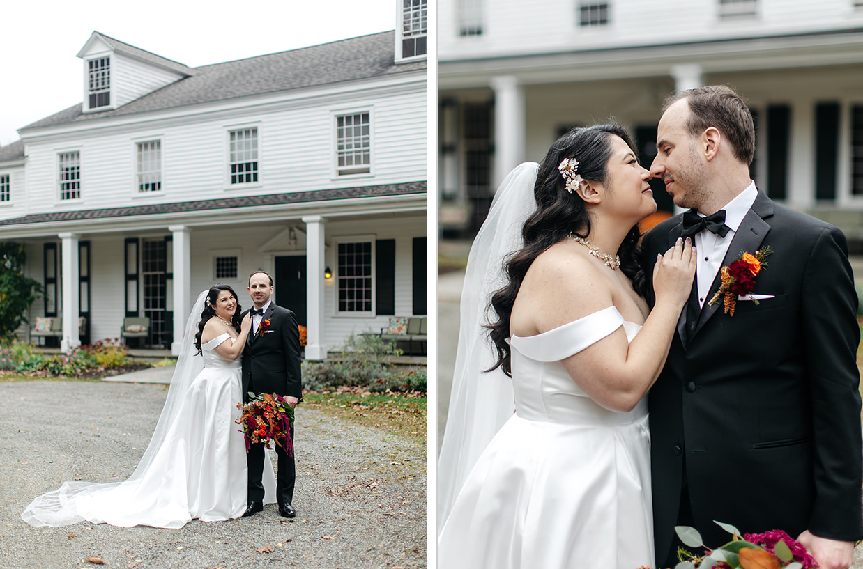 bride and groom pose for a photo outside of the Fontainebleau Inn in Alpine NY