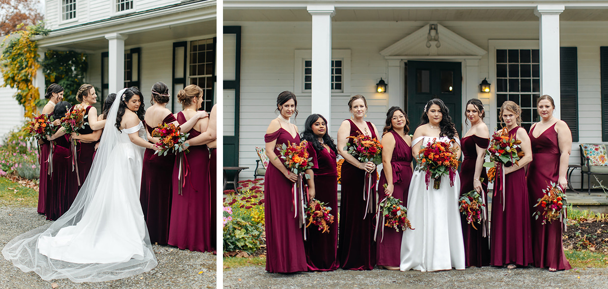 bride and her bridesmaids pose for group photo outside of the Fontainebleau Inn in Alpine NY