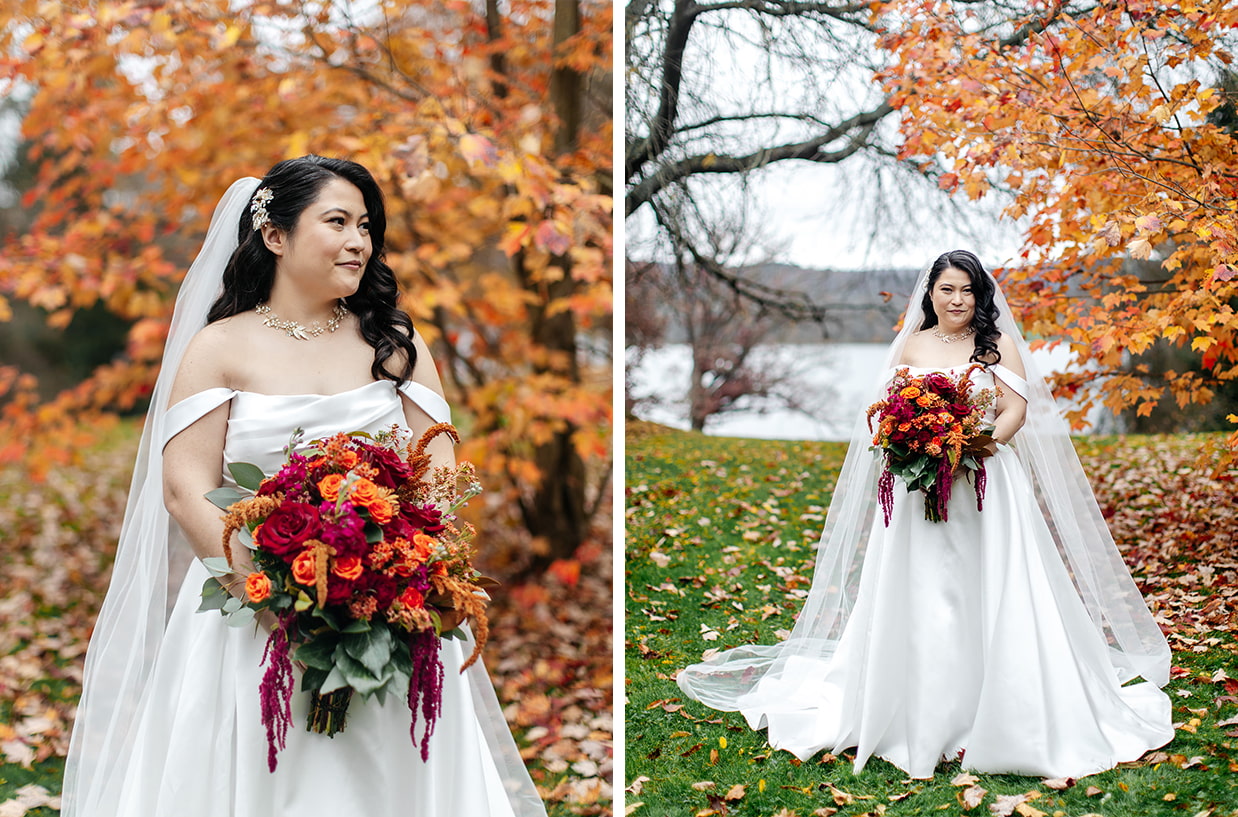 bride holds colorful fall bouquet outside of the Fontainebleau Inn in Alpine NY
