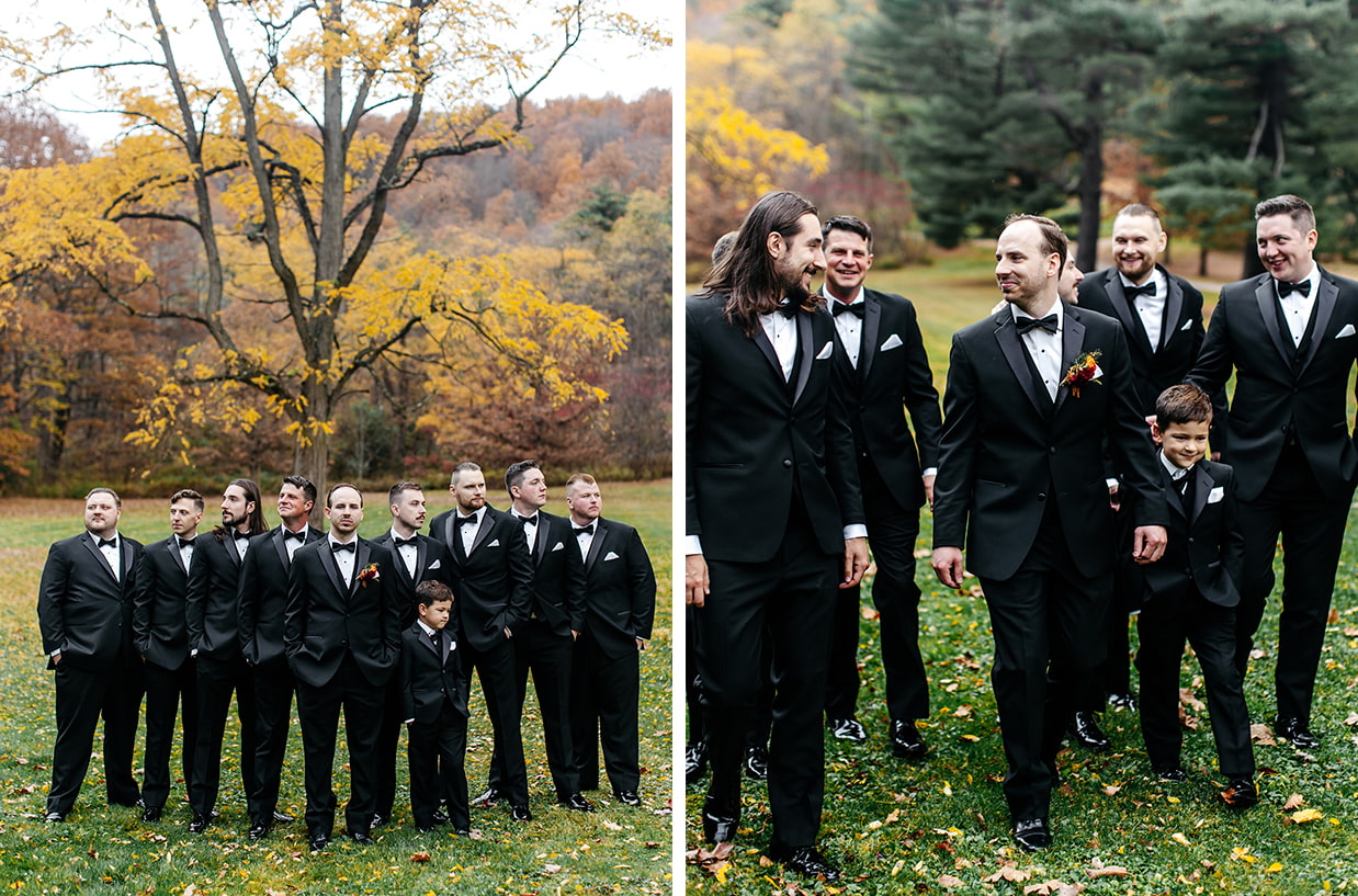 groom walks with groomsman in tuxedos across the lawn at Fontainebleau Inn in Alpine NY