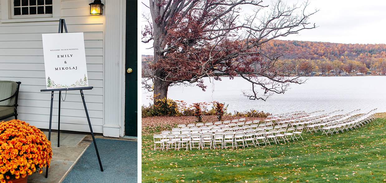 ceremony space set up in front of the lake at the Fontainebleau Inn in Alpine NY