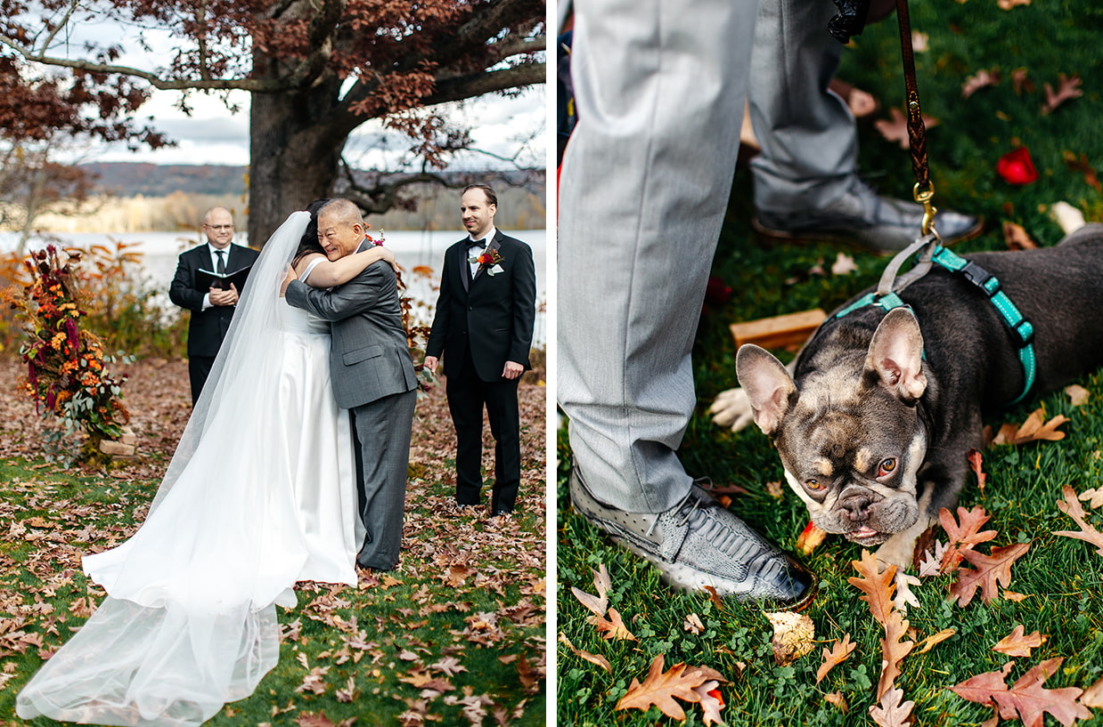bride hugs her father after walking down the aisle while her french bulldog chews on a bone
