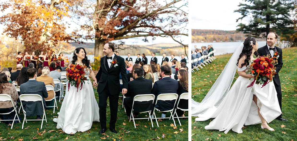 groom and bride with colorful bouquet walk up the aisle after their outdoor wedding ceremony at Fontainebleau Inn in Alpine NY