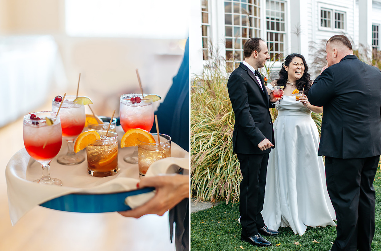tray with colorful cocktails and bride and groom laughing while holding cocktails on the lawn of Fontainebleau Inn in Alpine NY