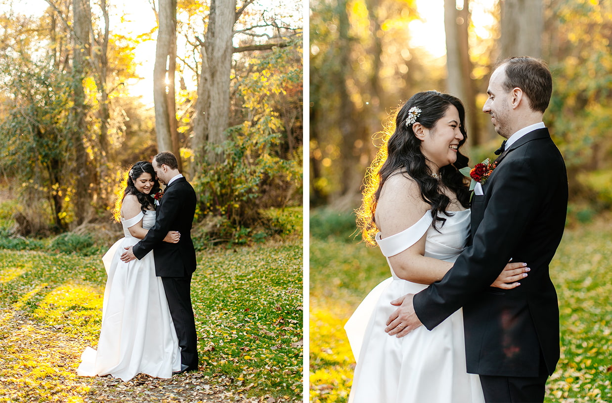 bride and groom embrace on the lawn of Fontainebleau Inn in Alpine NY during golden hour