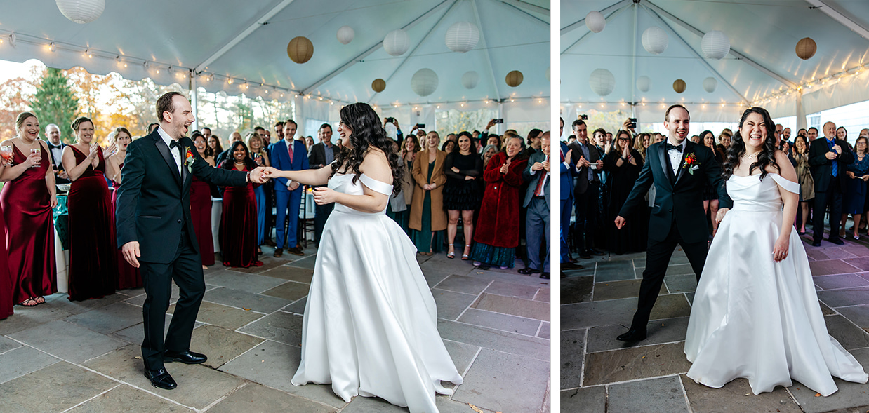 bride and groom laugh while sharing first dance on the tented patio of the Fontainebleau Inn in Alpine NY
