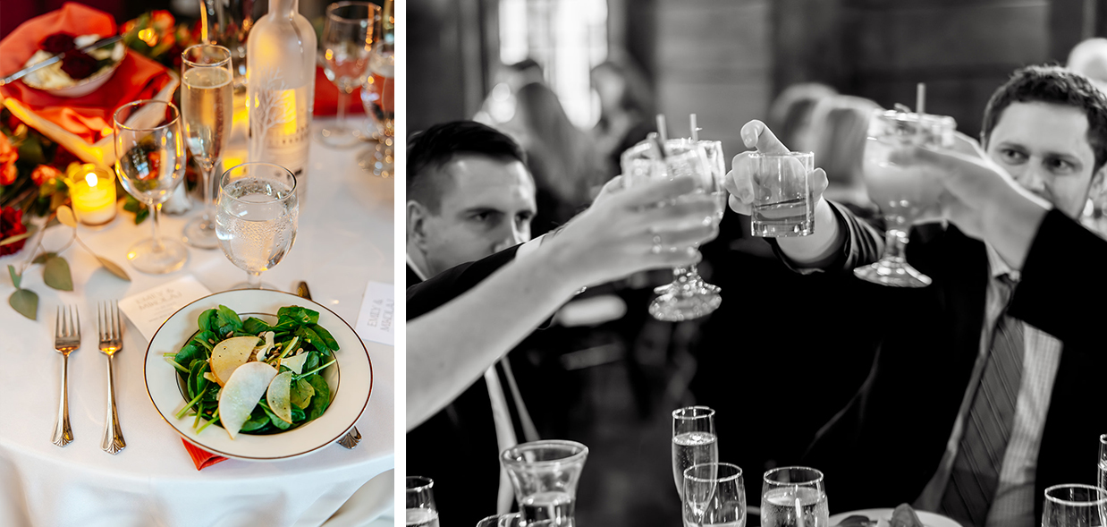 plated spinach salad on a wedding reception table with glowing candles, guests clink glasses