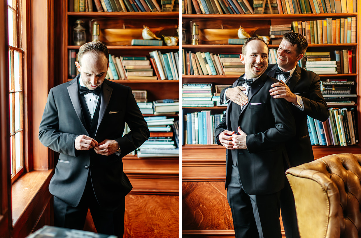 groom getting ready with best man in the antique library at Fontainebleau Inn in Alpine NY