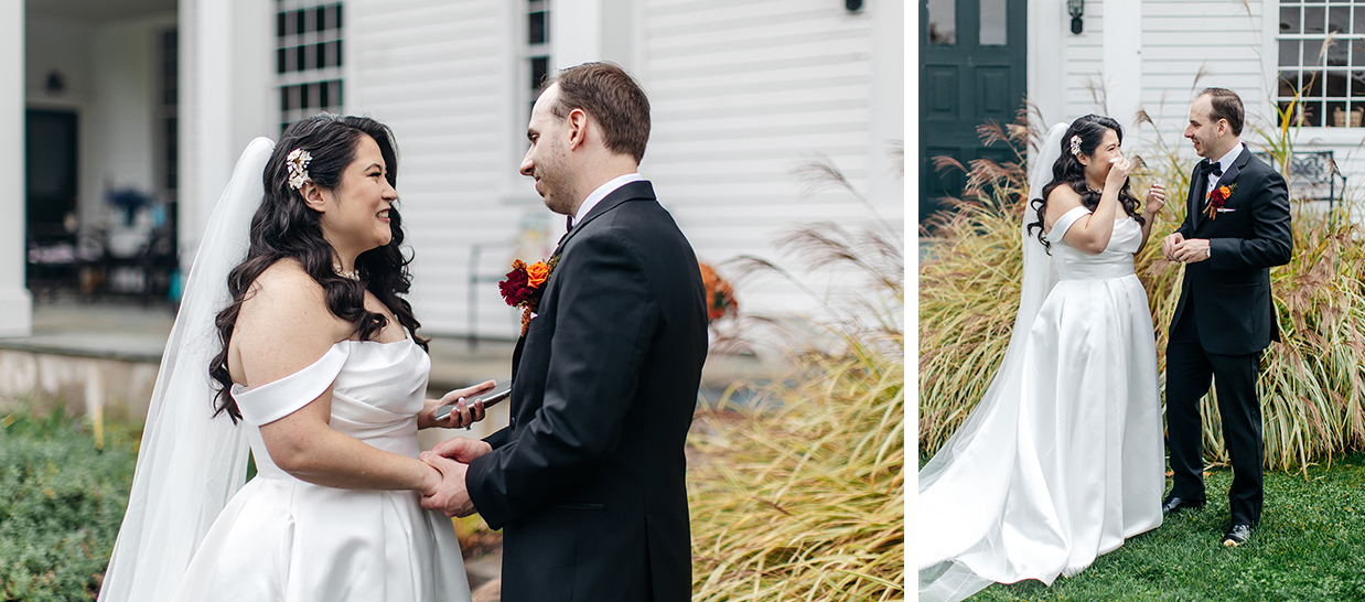 bride and groom share private vows on the lawn of the fontainebleau inn in the finger lakes