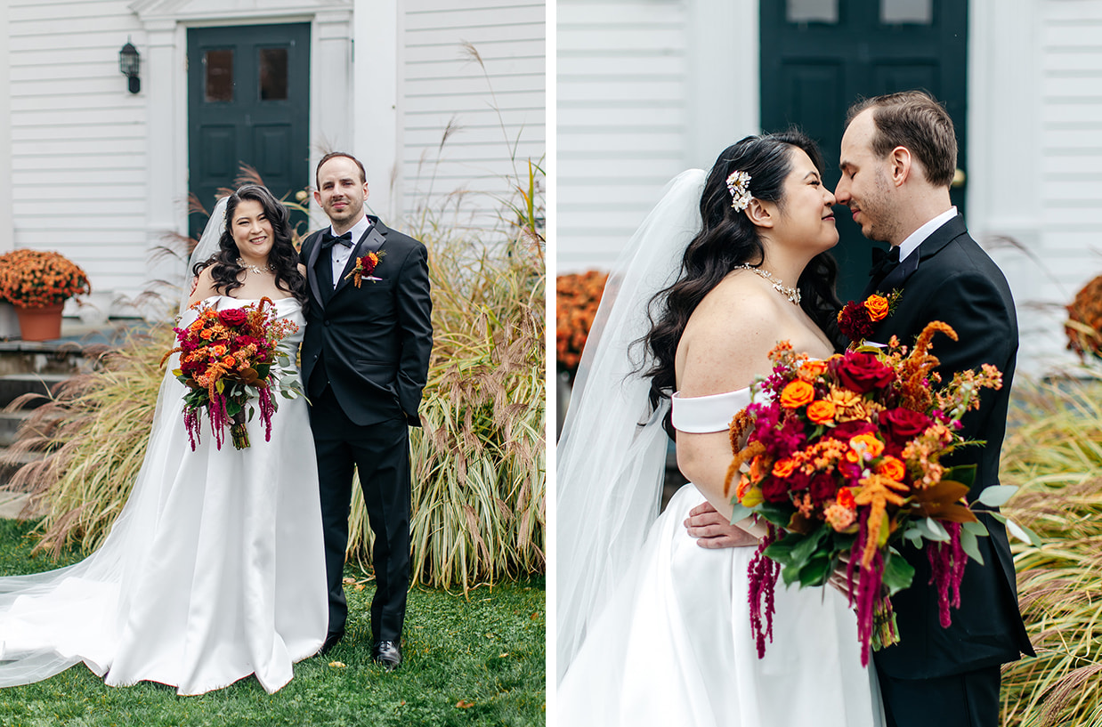 groom and bride holding red, pink, and orange bouquet smile for photos at the Fontainebleau Inn in Alpine NY