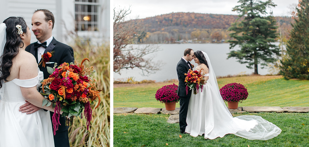 bride and groom share a moment on the lawn in front of Cayuta lake at the Fontainebleau Inn in Alpine NY