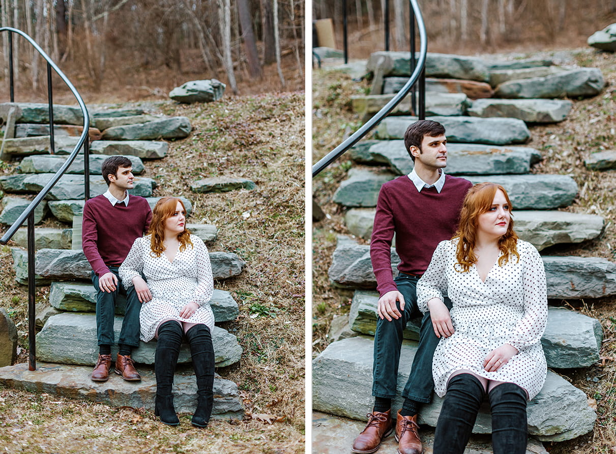 couple in purple sweater and black and white polka dot dress and over the knee black boots sits on stone stairs for engagement photos
