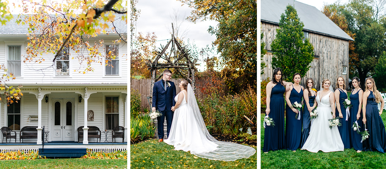 victorian country home, bride and groom embrace, and bride with her wedding party at Gratitude and Grace in Ithaca, NY