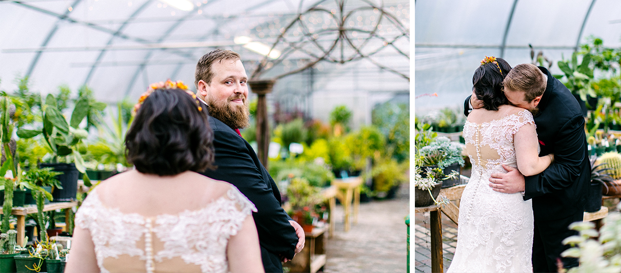 Groom gets his first look at bride in Carol Watson Greenhouse in Lafayette NY