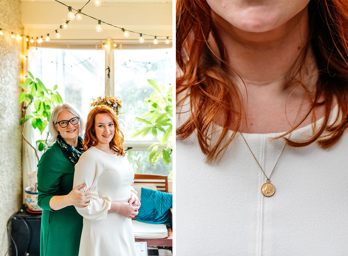 Bride smiles with mom and close up photo of family heirloom necklace