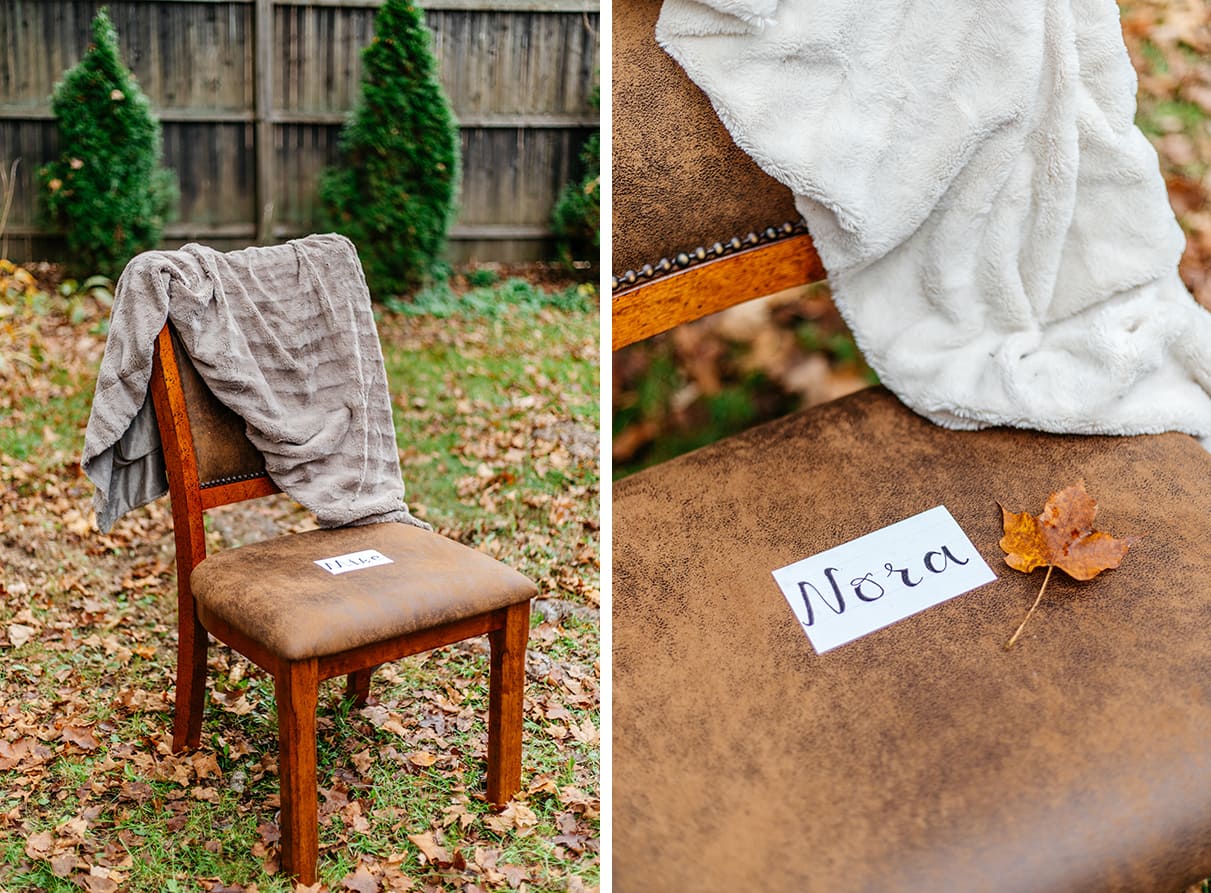 chair with name card and faux fur blanket draped over it