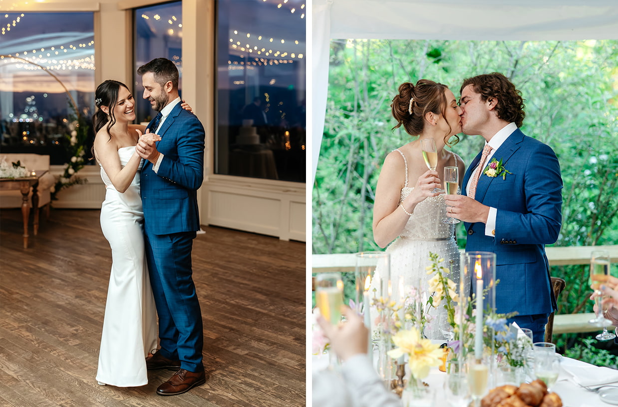 Hudson Valley wedding reception with couple dancing indoors and sharing a champagne toast