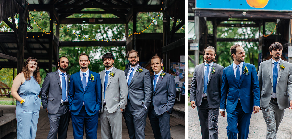 Groom and groomsmen smile for camera in front of Ithaca Farmers Market Pavilion