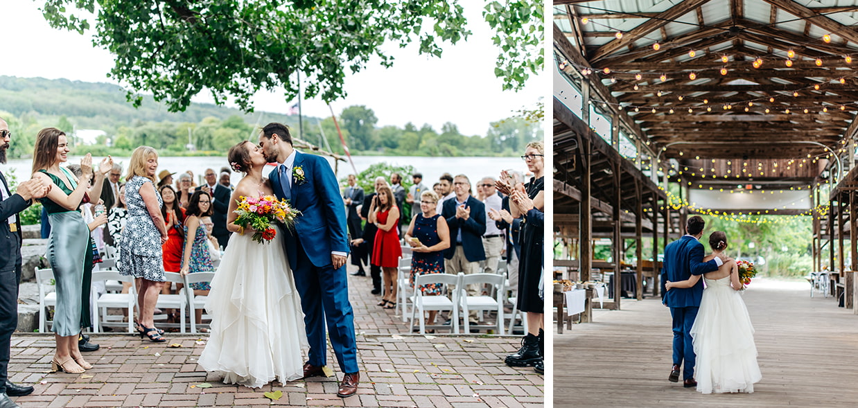 Couple kisses in front of ceremony space at Ithaca Farmers Market while friends and family clap