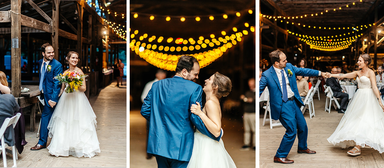 Bride and groom share first dance together under string lights in the Ithaca Farmers Market Pavilion