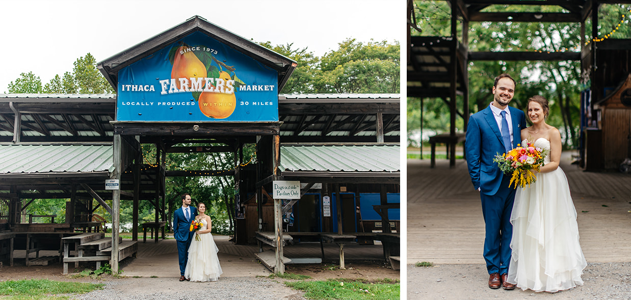Bride and Groom stand below Ithaca Farmers Market Pavilion sign before their wedding
