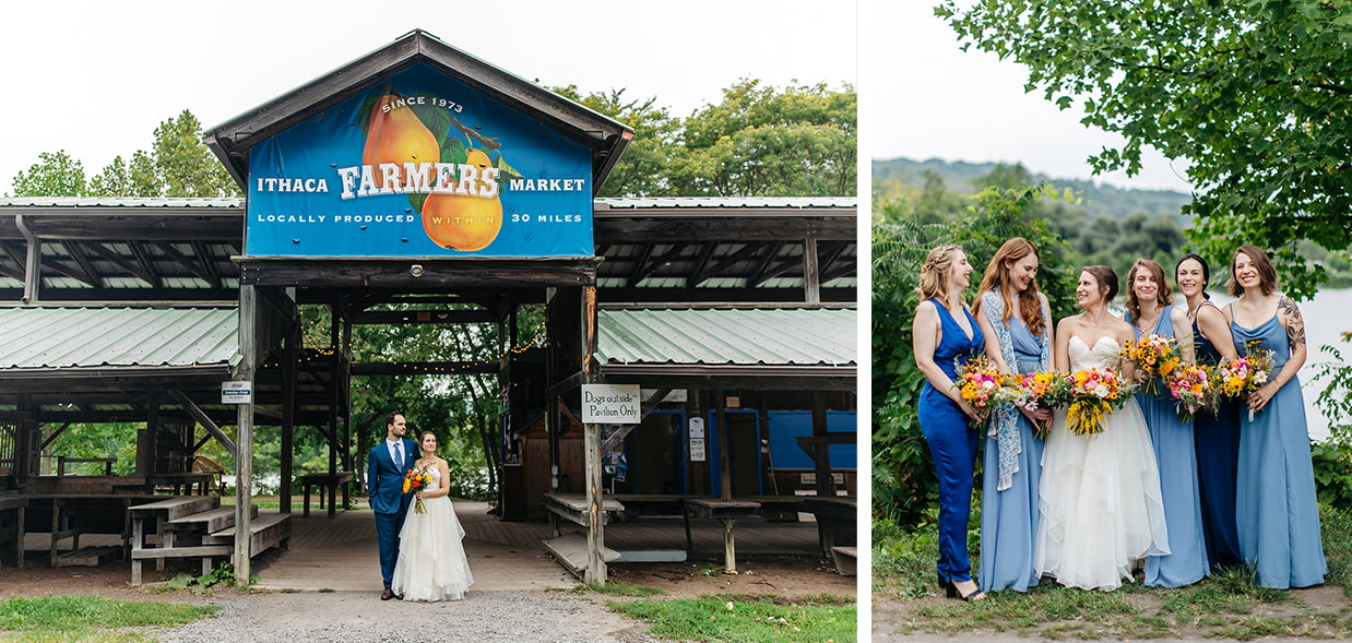 bride and groom stand under Ithaca Farmers Market Sign and brides and her bridesmaids laugh