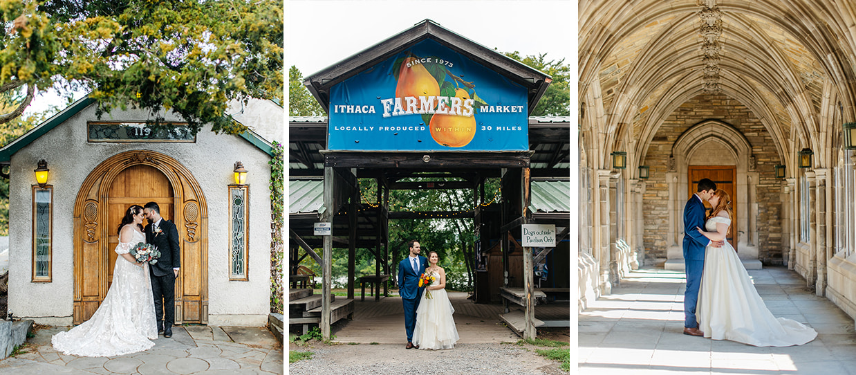 three images of brides and grooms on their wedding day in front of wooden door, outside Ithaca Farmers Market, and at Cornell University