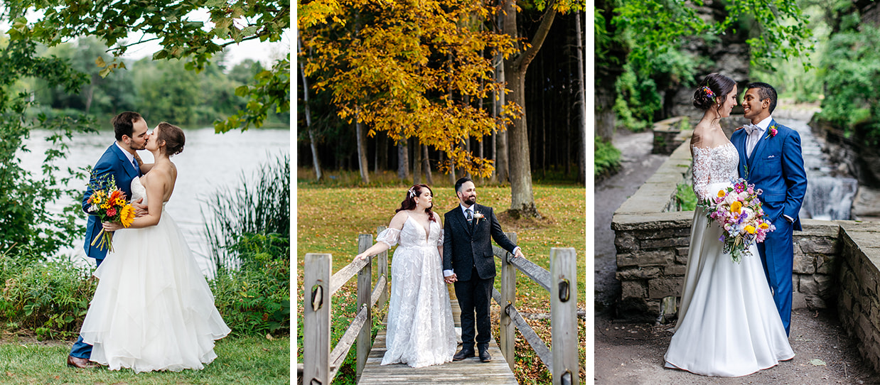 Photos of brides and grooms on their wedding day in front of Cayuga lake, at a state park, and in a gorge in Ithaca, NY