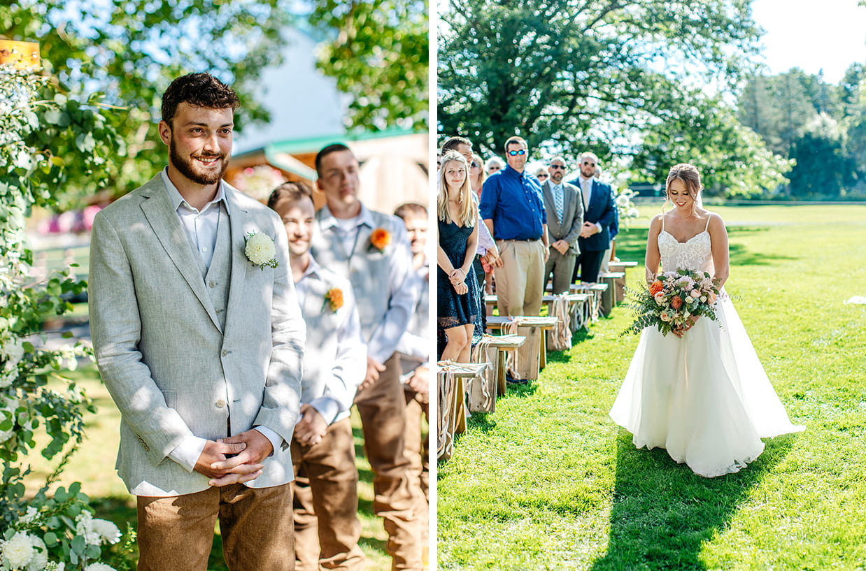 groom watches as bride walks down the aisle with peach wedding bouquet