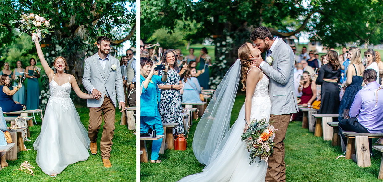 bride and groom cheer during wedding recessional and kiss at the end of the aisle during ceremony at knotting hill farm in jordanville ny