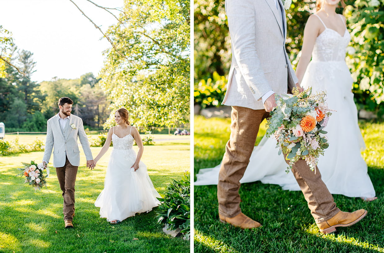 bride and groom hold hands and walk together laughing, close up of peach and pink wedding bouquet