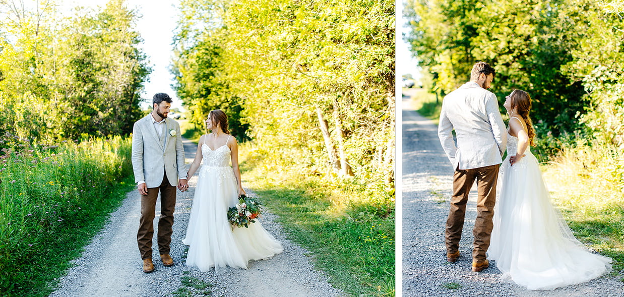bride and groom hold hands and walk down stone pathway while being silly at knotting hill farm in jordanville ny
