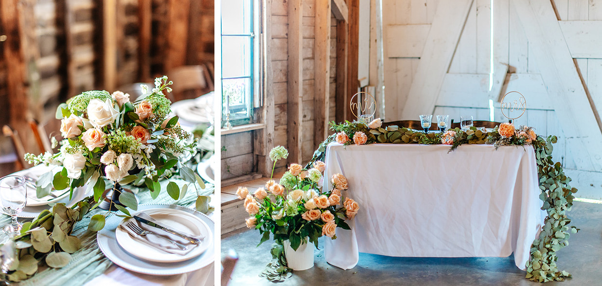 bride and groom sweetheart table with peach and white flowers inside barn at knotting hill farm in jordanville ny