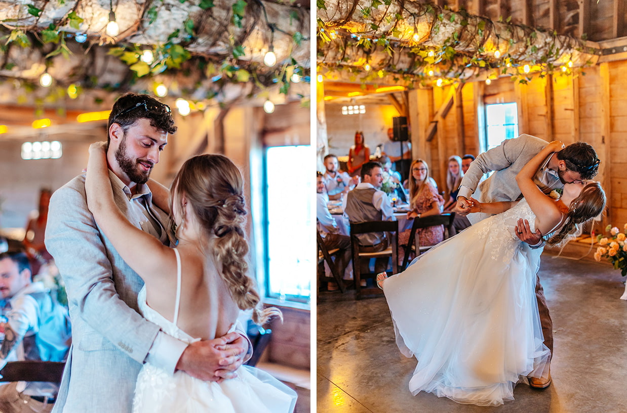 bride and groom share first dance inside barn wedding venue