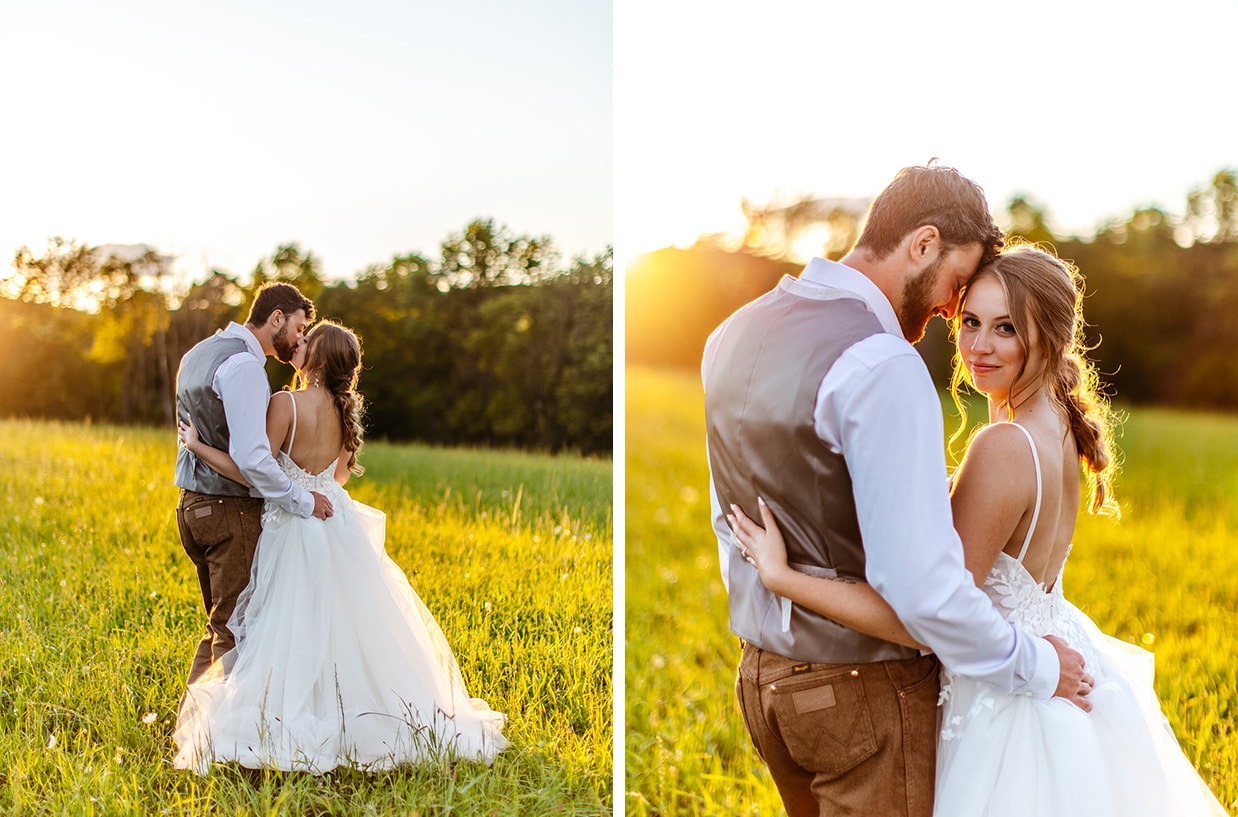 bride and groom kiss in field during golden hour at knotting hill farm in jordanville ny