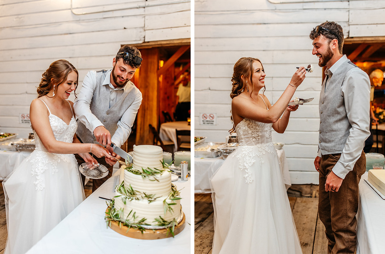bride and groom cut the cake during their wedding reception