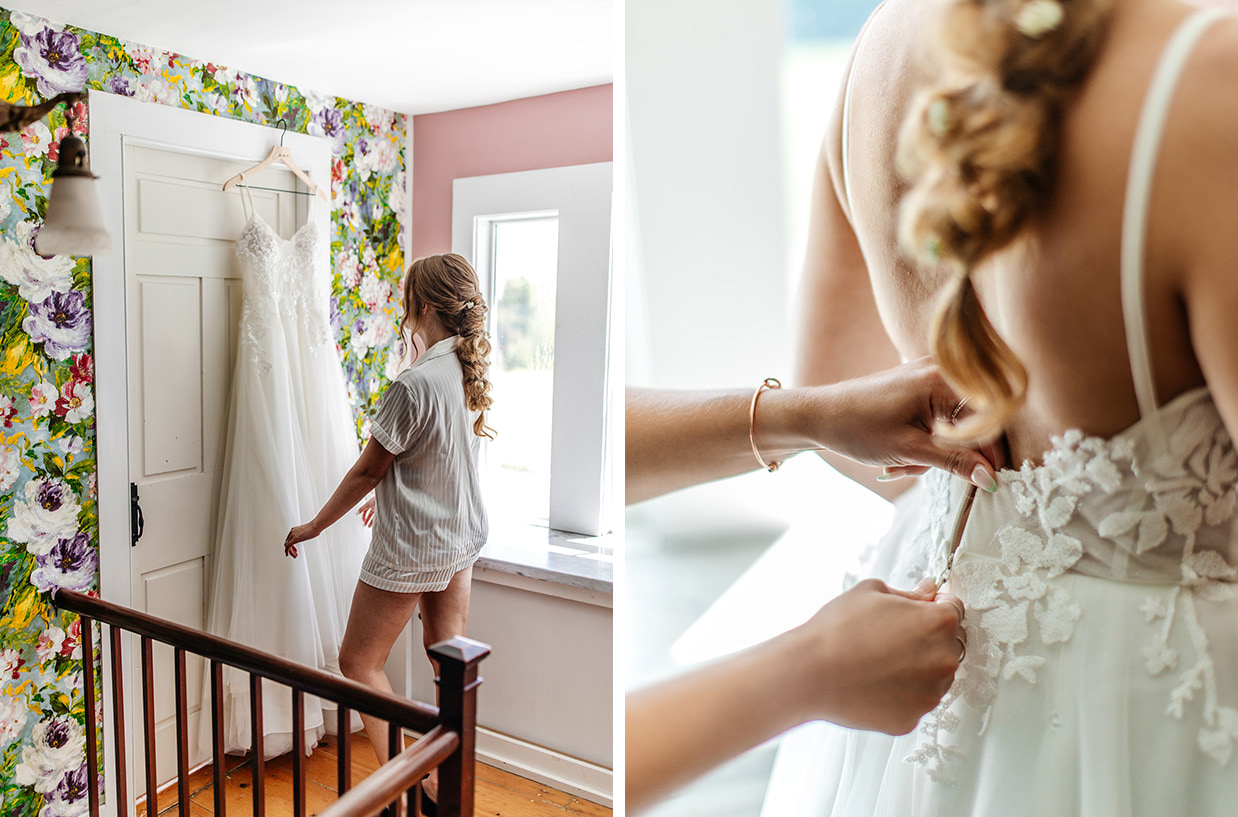 bride reaching for her wedding dress hanging on a door frame and hands zipping up the back of her wedding dress