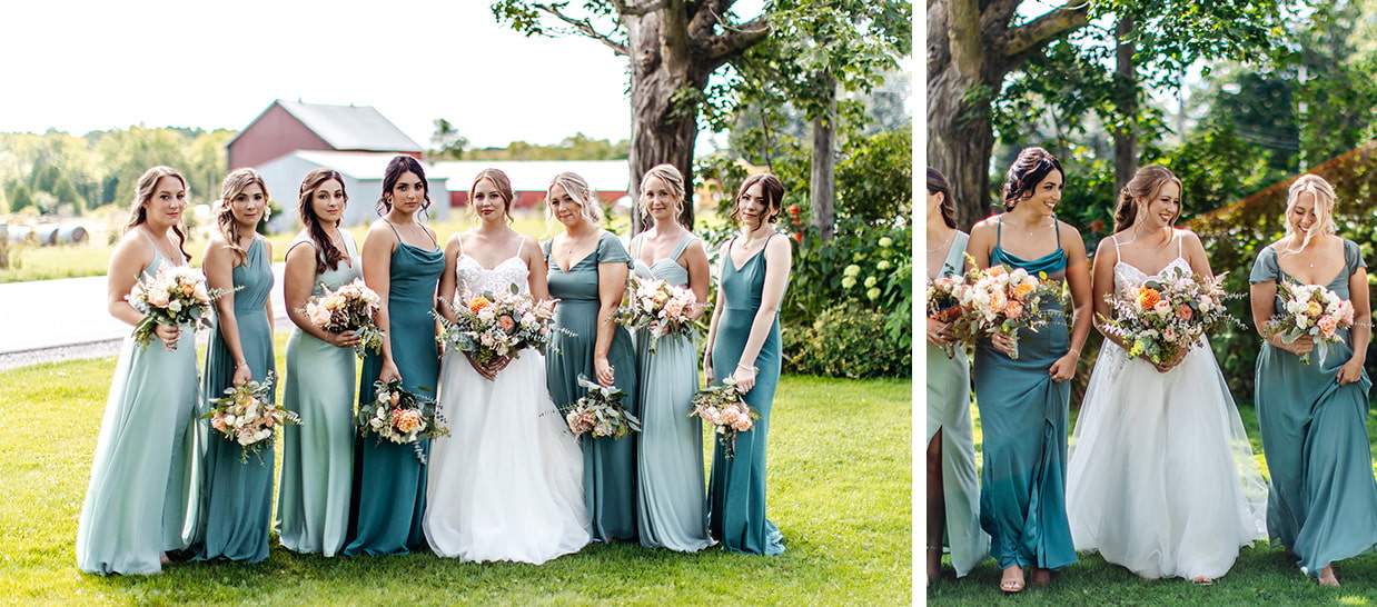 bride and bridesmaids standing with peach and white bouquets and sage green dresses