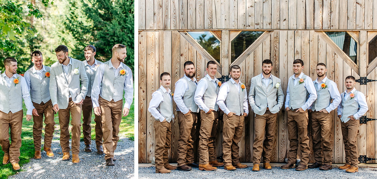 groom and groomsmen wearing grey vests and tan pants stand in front of barn at knotting hill farm in jordanville ny