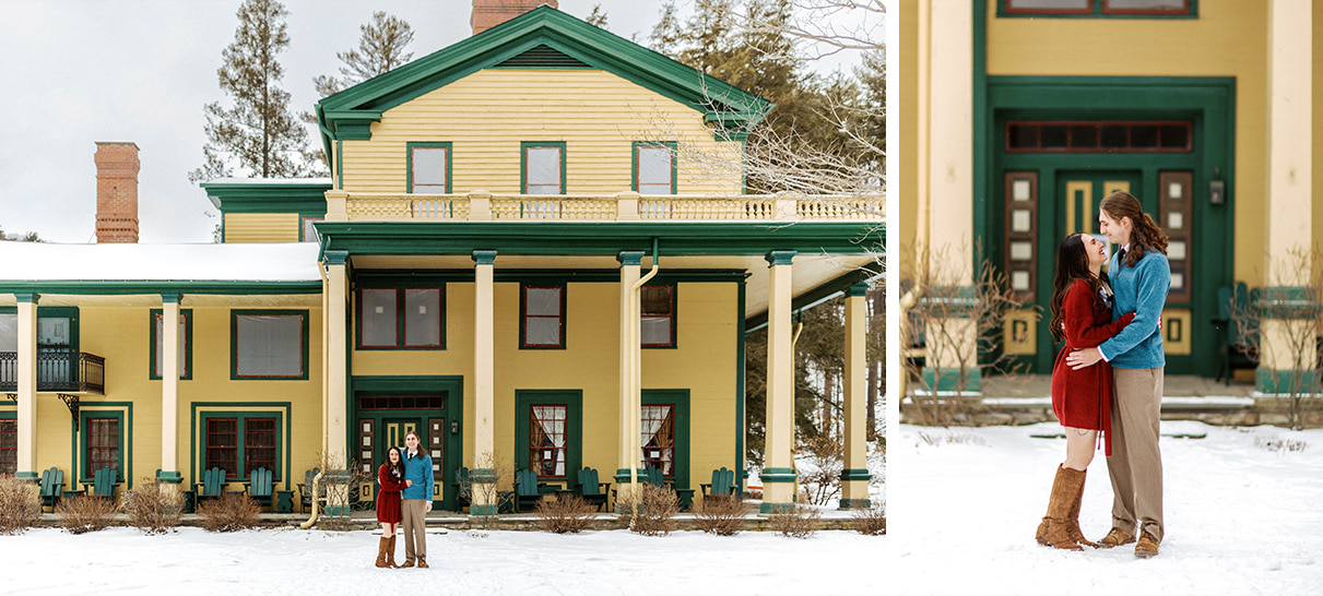 Couple stands in front of the Glen Iris Inn in Letchworth State Park in Castile NY during winter engagement session