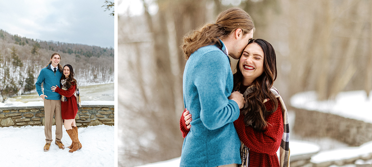 Couple embraces in front of stone wall at Letchworth State Park during winter engagement session