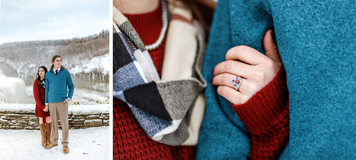 Couple holds hands and shows engagement ring in front of icy backdrop for their winter engagement photos in upstate NY