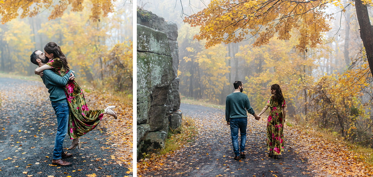 man kisses and lifts woman in velvet dress during engagement photos at Minnewaska State Park in Kerhonkson, NY
