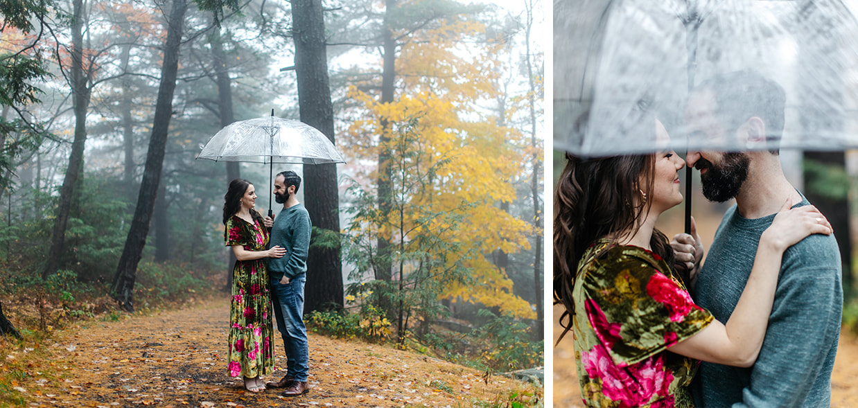 couple stands on path covered in leaves while holding an umbrella at Minnewaska State Park