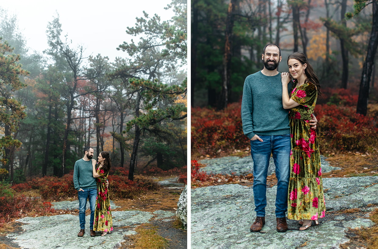 Couple embraces in front of colorful fall foliage at Minnewaska State Park in Kerhonkson, NY