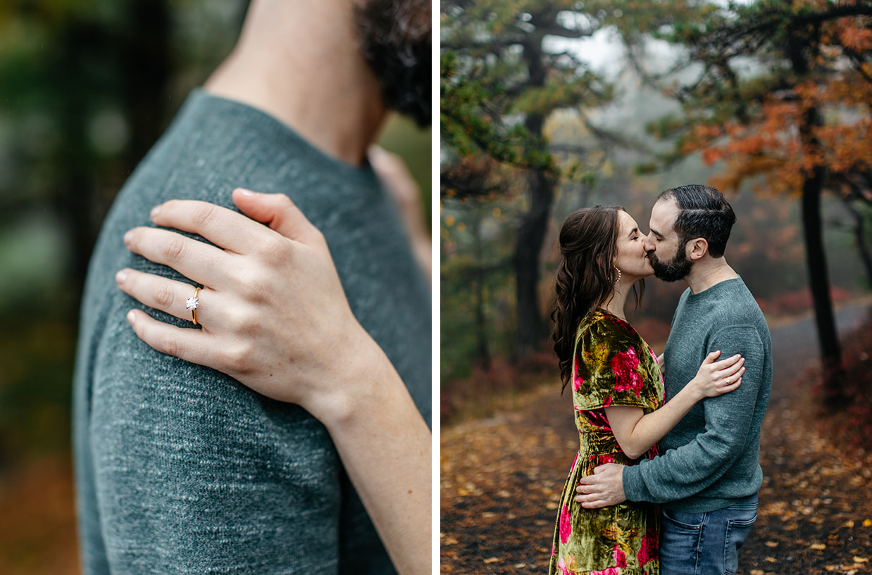 engaged couple kisses and shows off her engagement ring during engagement photos at Minnewaska State Park in Kerhonkson, NY