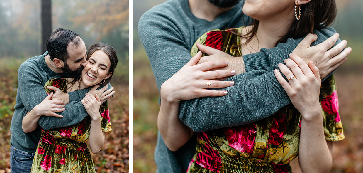 Couple laughs while he kisses her cheek during engagement photos at Minnewaska State Park in Kerhonkson, NY